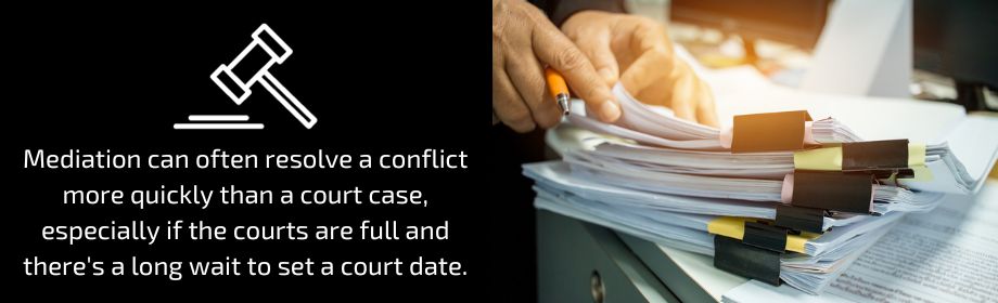 Mediation can often resolve a conflict more quickly than a court case, especially if the courts are full and there's a long wait to set a court date.