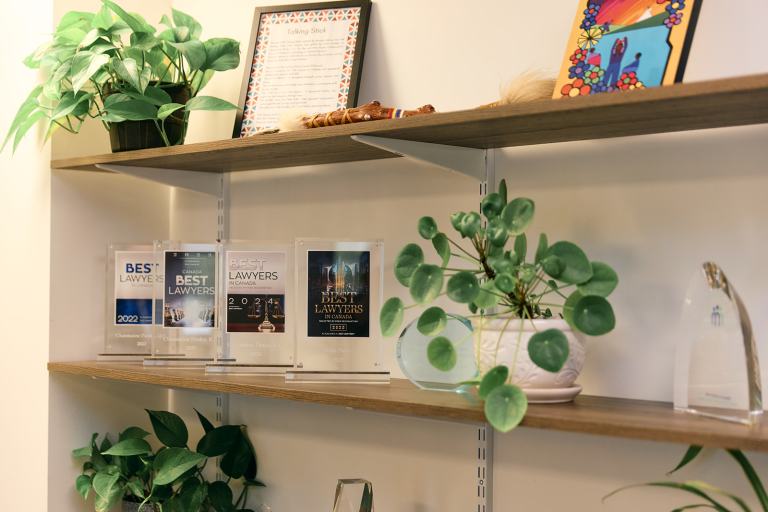Shelf showcasing the awards that Panko Collaborative Law has received